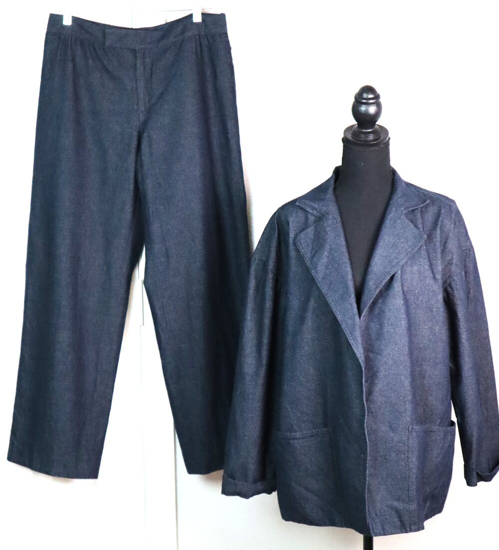 Vintage Y2K Ellen Tracy Cotton Wool Denim Pant Suit Set Wide Leg Women 10